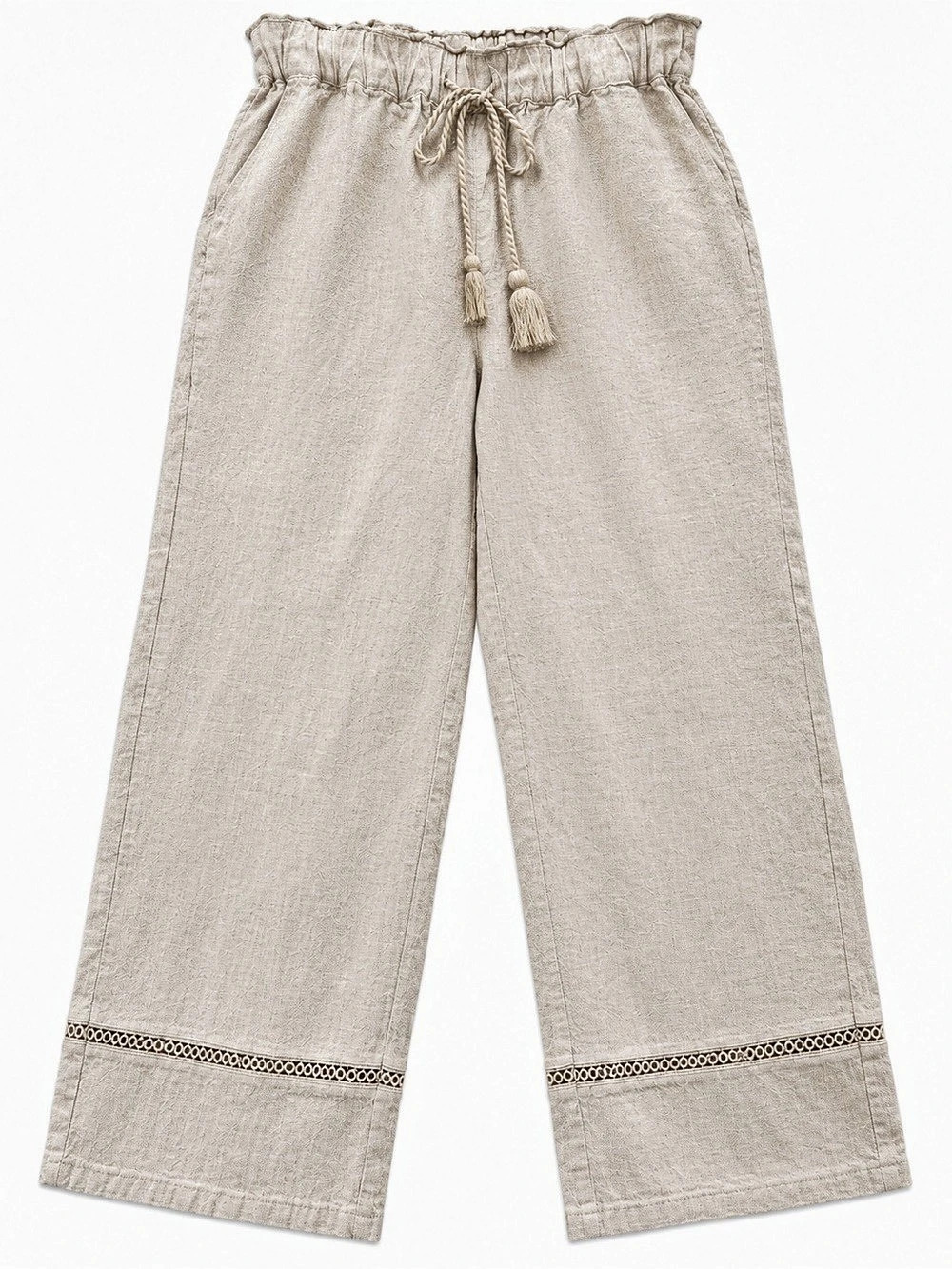 ELLA Rafaella Linen Blend Wide Leg Pants S Coastal Boho Crochet Trim